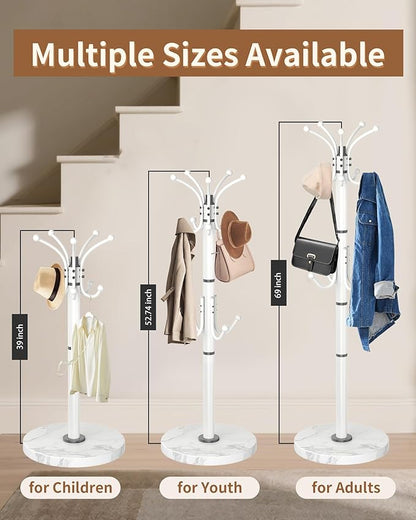 EZIVIEZ Modern Coat Rack Stand, 360° Rotary Metal Freestanding Coat Rack with Natural Marble Base, White Coat Racks and Coat Hanger Tree Jacket Stand with 14 Hooks for Office, Entryway, Hallway