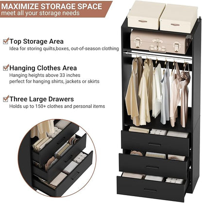 Closet System Set of 2, 4FT Closet Systems with 6 Wood Drawers, 48" Closet Organizer System with 2 Hanging Rods & 2 Shelves, Heavy Duty 48 Inch Walk-in Closet, Black (48"L x 15" W x 80" H)