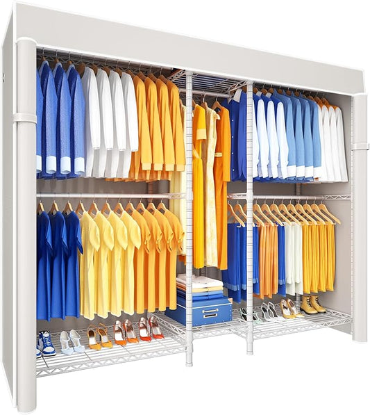 Ulif E12C Pro Heavy Duty Closet Organizer System，Freestanding Clothing Racks for Hanging Clothes，Adjustable Garment Rack 71"W x 16"D x 76.5"H Hold 960lbs，White Clothing Rack with White Dustproof Cover
