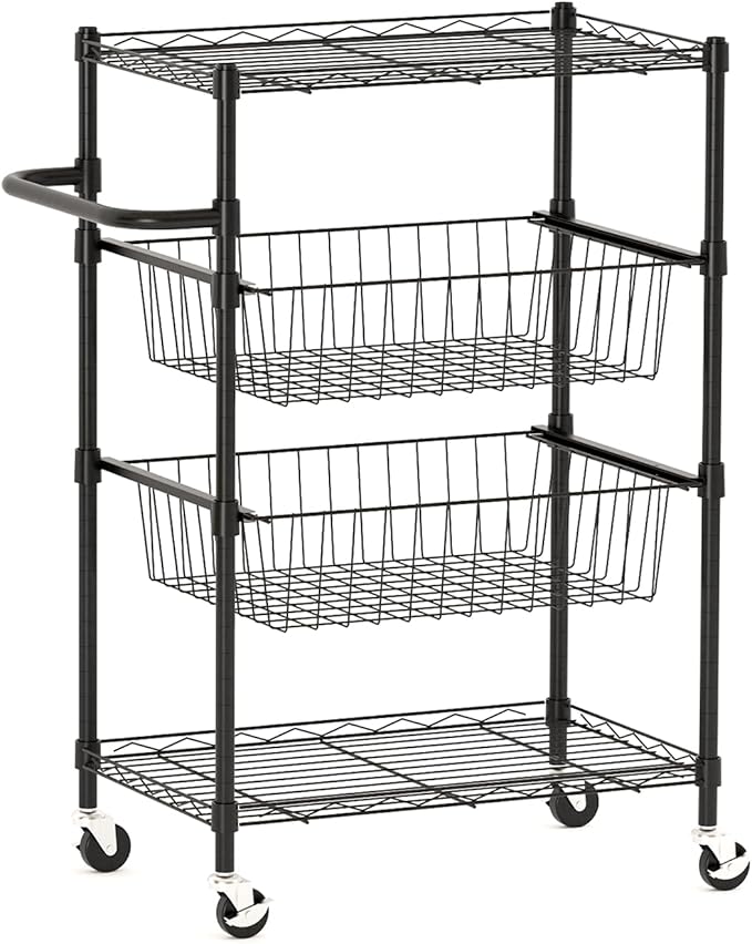 LinTimes 4 Tier Rolling Cart, 110 LB Capacity, Locking Casters & Handle Bar, Wire Storage Rack for Kitchen, Restaurant, Garage, Black
