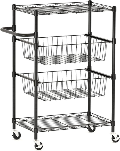 LinTimes 4 Tier Rolling Cart, 110 LB Capacity, Locking Casters & Handle Bar, Wire Storage Rack for Kitchen, Restaurant, Garage, Black