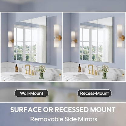 WELLFOR 40" x 36" Bathroom Medicine Cabinet with Mirror, Anodized Chrome Aluminum Frame, Surface Mount or Recessed Medicine Cabinet with Mirror, Bathroom Mirror with Storage, Double Doors