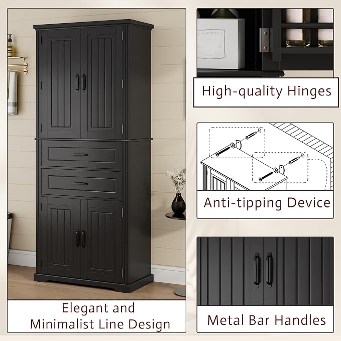 Storage Cabinet,Tall Freestanding Cabinet with Adjustable Shelf | Tall storage cabinet, 4-door design, 5+ shelves, upper door shelves, and 2 pull-out compartments for organized storage
