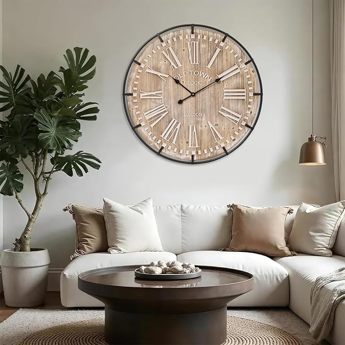 MICWIC Farmhouse Wall Clock 30 Inch - Rustic Wood Metal Decor, Silent Sweep, Battery Operated for Living Room Kitchen Office, Brown