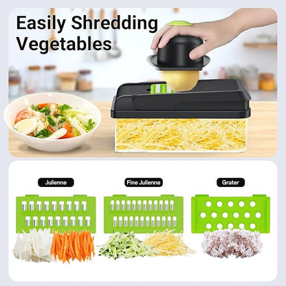 SpaceHacks 12-in-1 Vegetable Chopper, Kitchen Gadgets with 7 Blades, Veggie, Food, Onion Chopper, Cucumber Slicer, Versatile Mandoline, Includes Egg Separator & Finger Guard, Green
