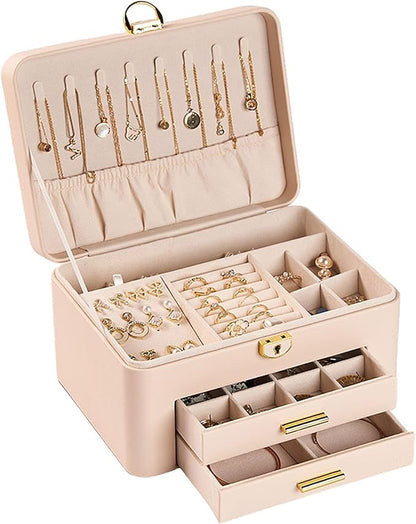 Jewelry Box for Women, Large Dresser Top Organizer with 3 Layers & 2 Drawers, PU Leather Storage Case for Earrings, Necklaces, Rings, Giftable Vanity Box (Cream white)