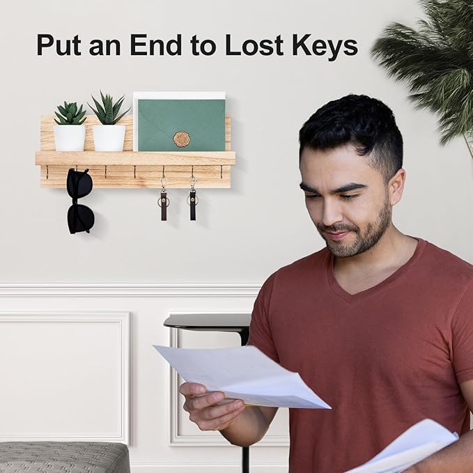 Decorative Key Holder for Wall with Shelf, Entryway Shelf with Hooks Holds Leashes, Jackets and Glasses – Sturdy Wood Keyholder Entrance Hanger with Mounting Hardware (Wood, Large)