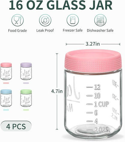 Xyptorix 4-Pack 16oz Overnight Oats Containers with Airtight Lids - Glass Mason Jars with Measurement Marks for Yogurt, Meal Prep & Chia Pudding, Stackable & Leakproof