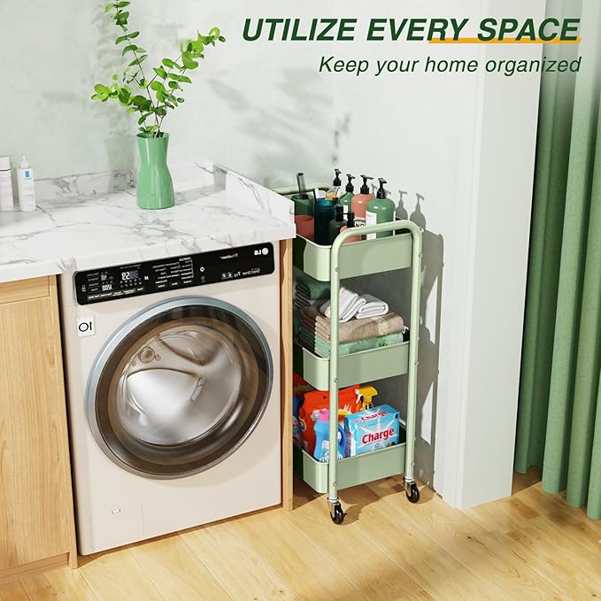LEHOM 3 Tier Rolling Storage Cart, Metal Trolley Utility Cart with Wheels & Hooks, Easy Assembly Organizer Storage Cart for Bathroom Kitchen Office Bedroom