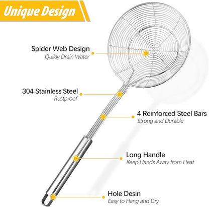 Pack of 2 Large Spider Strainer, Stainless Steel Skimmer Basket,Kitchen Ladle Strainers,Mesh Spoons with Long Handle, Cooking Tools for Frying, Boiling Noodles, Dumplings, Pasta
