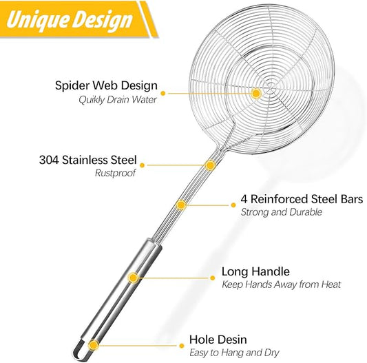 Pack of 2 Large Spider Strainer, Stainless Steel Skimmer Basket,Kitchen Ladle Strainers,Mesh Spoons with Long Handle, Cooking Tools for Frying, Boiling Noodles, Dumplings, Pasta