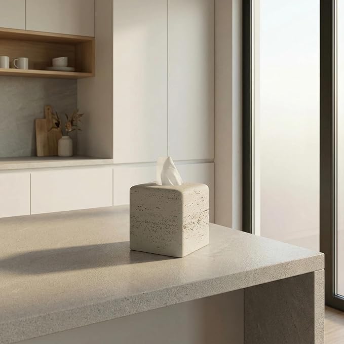 Travertine Tissue Box Cover Square Decorative Stone Klenex Box Holder for Bathroom & Living Room with Handcrafted Texture (Light Beige)