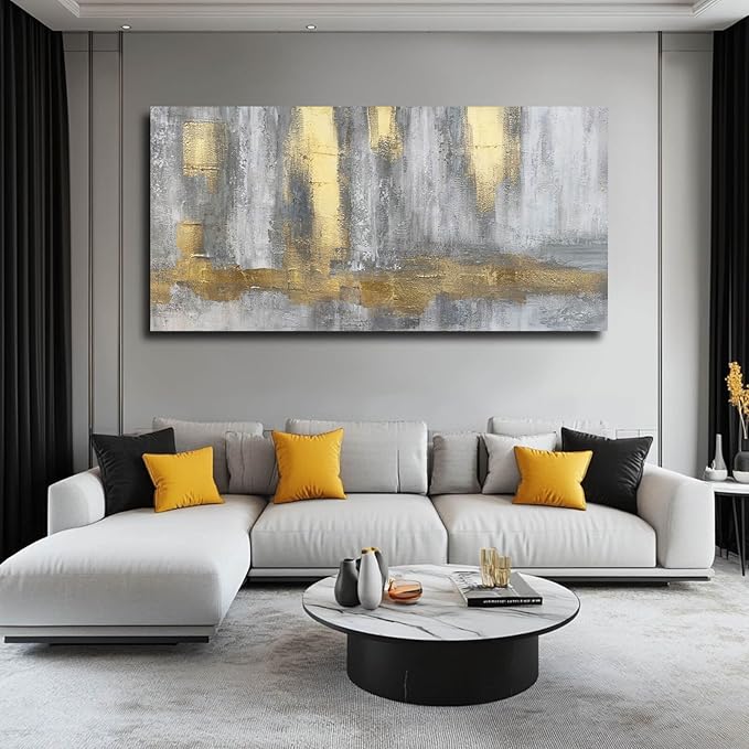 XIANSHOU Gold Wall Decor Hand Drawn Paintings Abstract Canvas Wall Art Large Pictures Grey Poster Arts 29"x58"