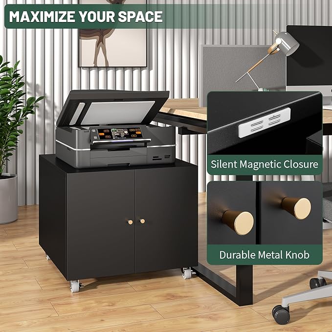 TEEALUBAN Printer Stand with Storage Cabinet with Wheels,3D Heavy Duty Metal Large Printer Table with Adjustable Shelf for Home Office, Mobile Printer Cart,Black,17.72" H