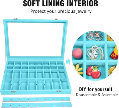Vicoter Velvet Jewelry Tray 48 Compartments Jewelry Display Organizer with Transparent Cover Rings, Earrings, Necklaces, Pendants Storage Box for Girls, Wives, Mothers, Women