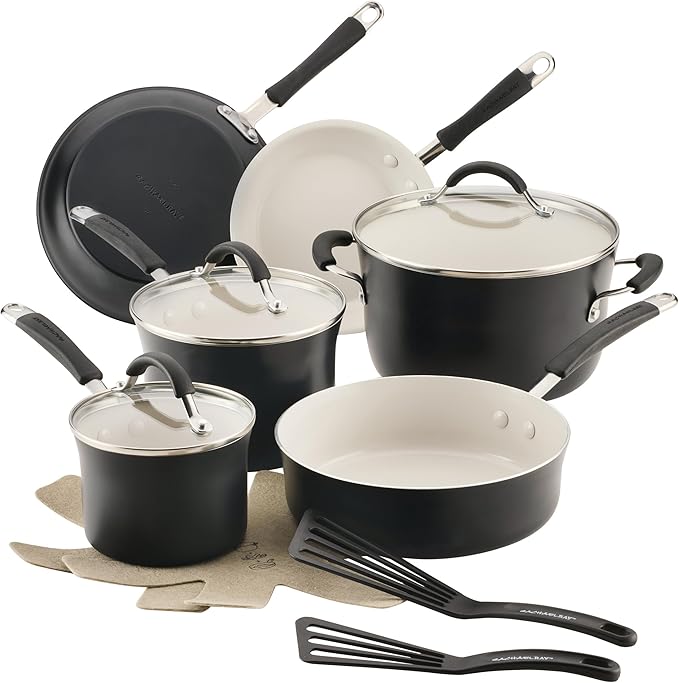 Rachael Ray Cucina Ceramic Cookware Set - 13 Pieces - Ceramic Pots and Pans Set w/Nonstick Frying Pans, Saute Pan, Saucepans, Stockpot, Lids, Pan Protectors - Peppercorn