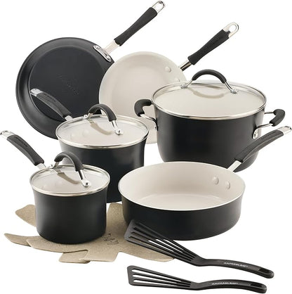 Rachael Ray Cucina Ceramic Cookware Set - 13 Pieces - Ceramic Pots and Pans Set w/Nonstick Frying Pans, Saute Pan, Saucepans, Stockpot, Lids, Pan Protectors - Peppercorn
