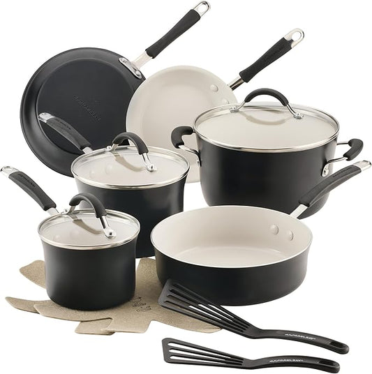 Rachael Ray Cucina Ceramic Cookware Set - 13 Pieces - Ceramic Pots and Pans Set w/Nonstick Frying Pans, Saute Pan, Saucepans, Stockpot, Lids, Pan Protectors - Peppercorn