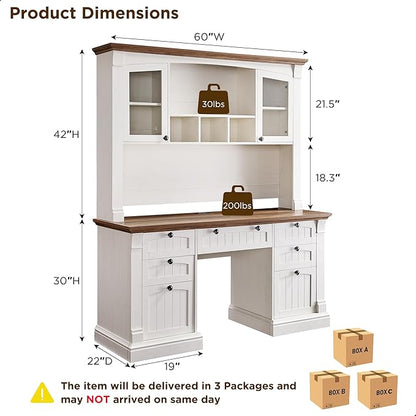 OKD 60" Executive Desk with Hutch and Drawers, Farmhouse Home Office Desk with Charging Station, Keyboard Tray, File Cabinet Storage, Wood Computer Desk for Work and Study, Antique White