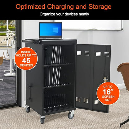 Aokleo 45 Devices Laptop Charging Cart,Tablet Storage Carts for pad Up to 16.3" Screen Size, Classroom Computer Mobile Charging Station for Pads, Chromebooks,Laptops, Security Storage(45 Bay-Black)