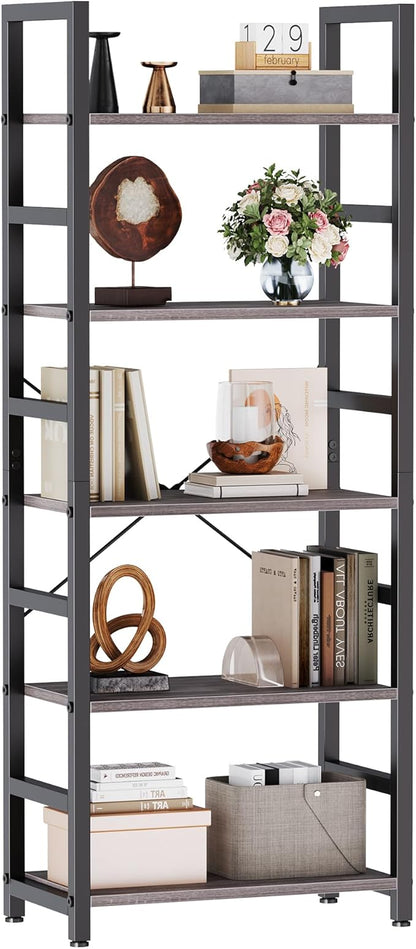 DUMOS 5-Tier Bookshelf, Modern Tall Bookcase, Open Storage Display Shelf for Living Room, Bedroom, Home Office, Narrow Standing Shelving Unit for Books, CDs, Décor，Wood Grey