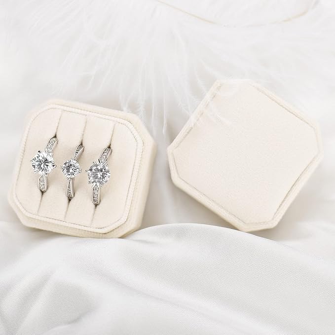 DesignSter Velvet Ring Box - Square, 3 Slots, Premium Ring Bearer Box for Wedding Ceremony & Proposal Engagement (Beige)