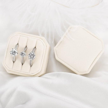DesignSter Velvet Ring Box - Square, 3 Slots, Premium Ring Bearer Box for Wedding Ceremony & Proposal Engagement (Beige)