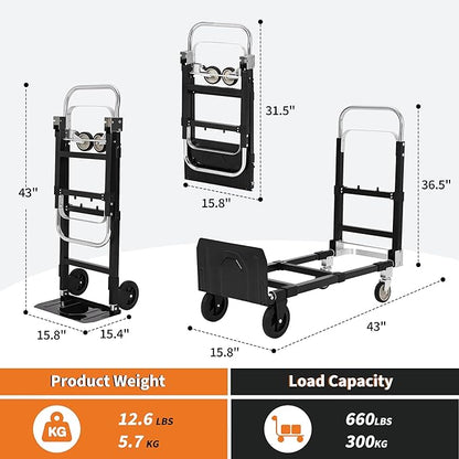 GarveeTech 2 in 1 Convertible Hand Truck Dolly, 660 LBS Load Capacity Folding Cart with Wheels, Elastic Straps, Carbon Steel Collapsible Dolly Cart for Home, Warehouse, Supermarket, Office