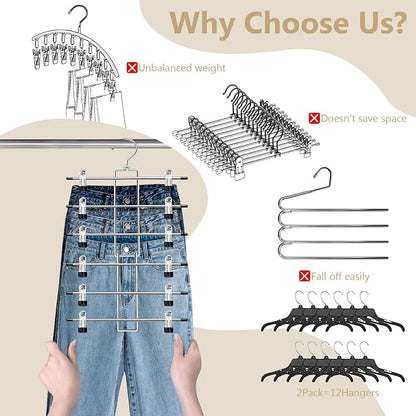 Pants Hangers with Clips,Space Saving Hanging Closet Organizer-6 Tiers Skirt Hangers with 360° Swivel Hook,Closet Organizer-Clothes Hangers- College Dorm Essentials Apartment Essentials- 4 Pack