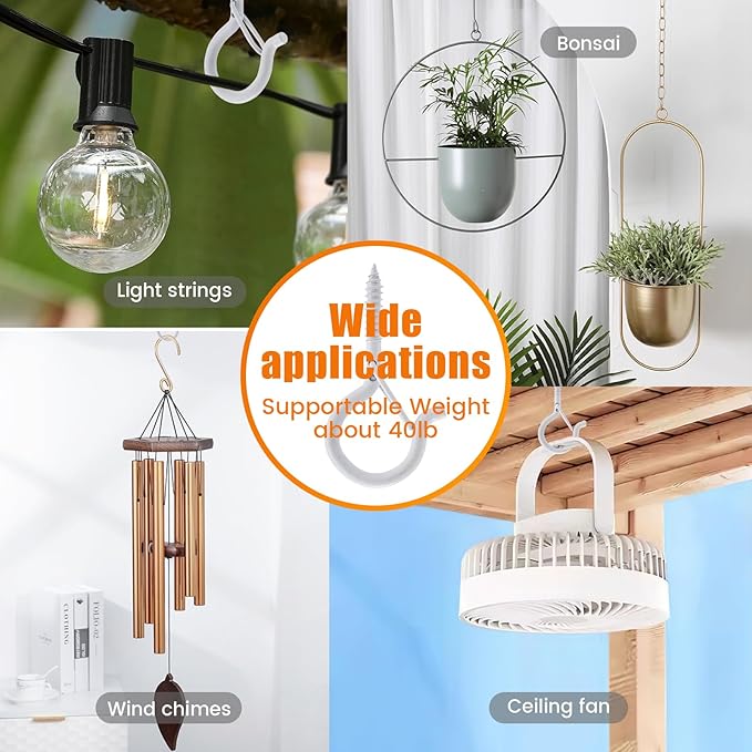 Screw Hooks for Outdoor String Lights, Eye Hooks Q-Hanger Plants Christmas Rope Light Clips, Wind Chimes Decoration Hanging Safety Buckle Design, Include Wing Nut Driver (30)