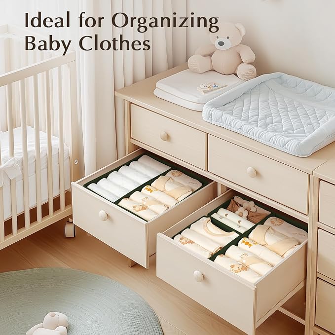 DIMJ Drawer Organizers Clothes, Set of 4 Dresser Organizer Bins, Fabric Closet Organizers and Storage, Shallow Drawer Dividers for Nursery, Clothing, Baby Clothes, Socks, Underwears, Tie (Green)