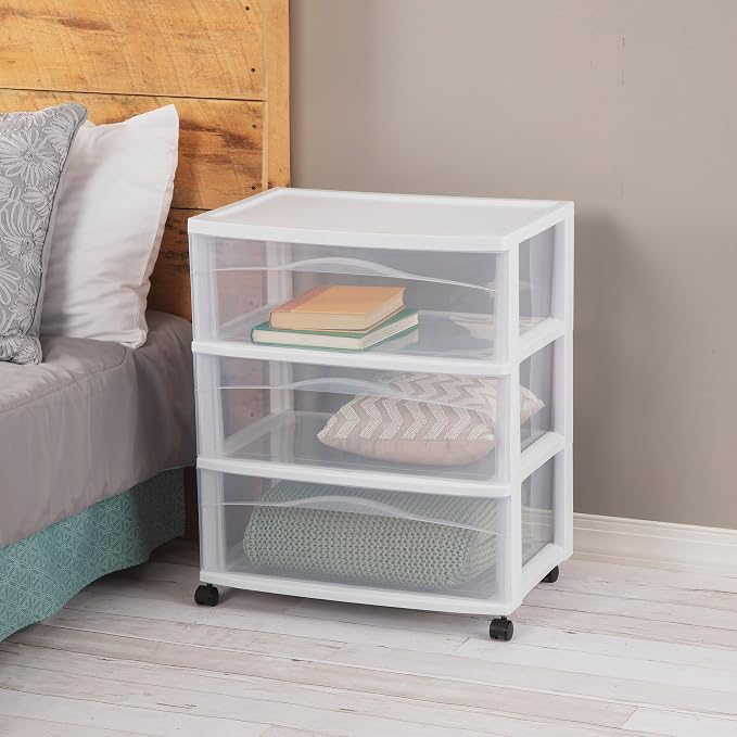 Sterilite Wide 3-Drawer Cart, Plastic Storage Organizer Drawers with Wheels, White - Rolling Multipurpose Bins for Dresser, Closet, Cabinet, Bedroom, Bathroom, and Office Organization
