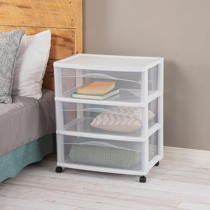 Sterilite Wide 3-Drawer Cart, Plastic Storage Organizer Drawers with Wheels, White - Rolling Multipurpose Bins for Dresser, Closet, Cabinet, Bedroom, Bathroom, and Office Organization