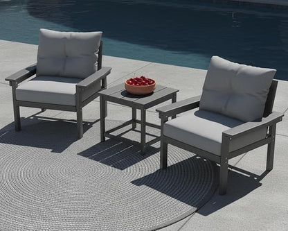 3 Piece HDPE Outdoor Patio Furniture Set, All-Weather 2 Armchairs with Side Table, Patio Conversation Set with Grey Washable Thick Cushion for Balcony/Porch/Backyard (Grey Frame)