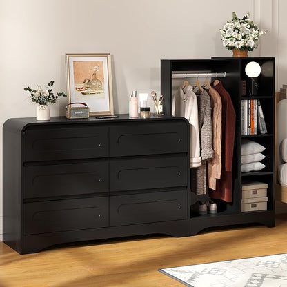 Dresser with Clothes Hanging Rack, Pre-Installed Slides for Fast Installation, 3-in-1 Wardrobe Closet with Drawers and Shoe Shelves, Modern Wood Storage Armoire for Bedroom, Black