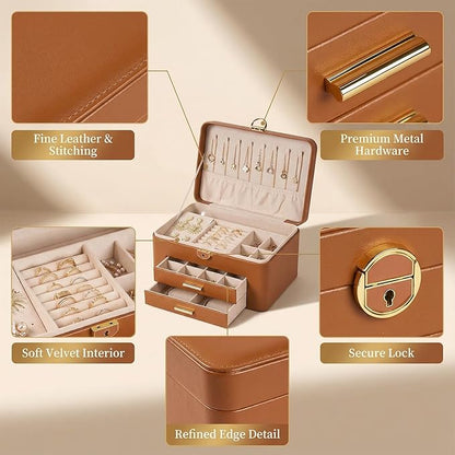 Jewelry Box for Women, Large Dresser Top Organizer with 3 Layers & 2 Drawers, PU Leather Storage Case for Earrings, Necklaces, Rings, Giftable Vanity Box (brown)