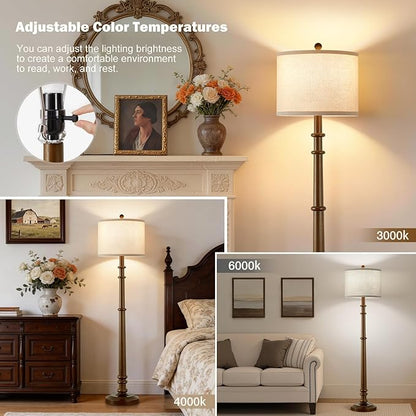 Floor Lamps for Living Room - 60" Wood Farmhouse Floor Lamp with Adjustable Color Temperatures - Vintage Standing Lamp Reading Light with Linen Shade Rustic Tall Lamp for Bedroom Office, Walnut