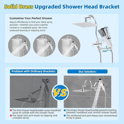 Hibbent All Metal cUPC Certified Shower Head, 10'' High Pressure Rainfall Shower Head, Showerhead Combo, Handheld Shower Wand, 12'' Adjustable Extension Arm, 4-Spray, 71'' Hose, Shower Holder, Chrome