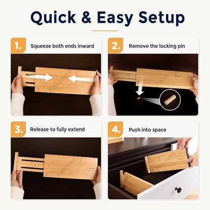 Fabsome Drawer Divider 6 Pack, Bamboo Kitchen Dividers Organizers Adjustable 17''-22'', Wooden Dresser Separators for Nursery Organization Clothes Socks Underwear Baby Clothing, with Soft Foam Ends