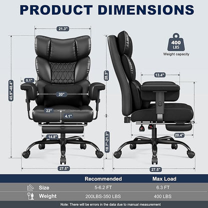 Misolant Big and Tall Office Chair with Footrest, High Back Executive Desk Chair with Adjustable Lift Armrest, 155°Recline，Lumbar Support Pillow, Faux Leather Gaming Chairs for Home or Office Black