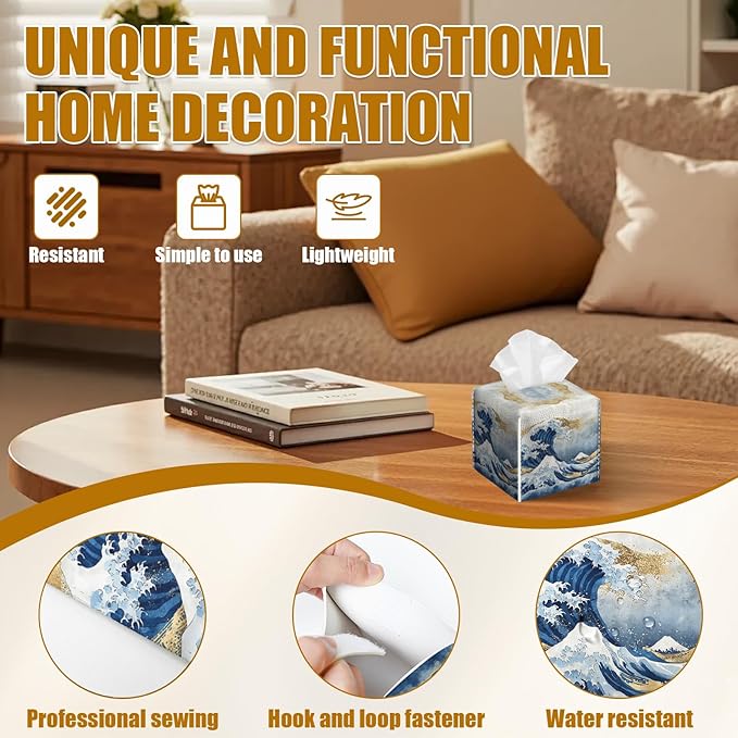 Art Great Wave Tissue Box Cover 2PCS, Leather Tissue Box Holder Square Facial Paper Case Tissue Box Cube Organizer for Bathroom Bedroom Desk Office