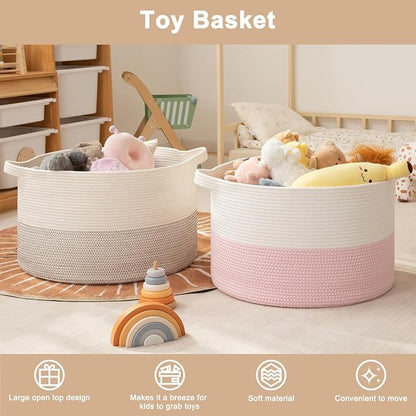 OIAHOMY 90L XXXLarge Blanket Basket for Living Room, 21.7" x 13.8" Woven Cotton Rope Laundry Basket for Organizing Pillows, Decorative Stuffed Animal Toy Storage for Nursery, White and Pink