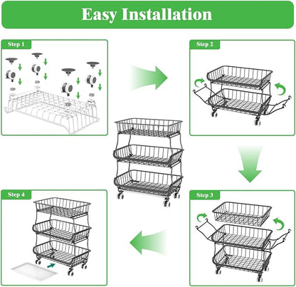 3 Tire Rolling Pantry Organizers and Storage Cart on Wheels | Metal Frame, Under Pantry Cabinet, Drip Tray, Storage for Snack, Potato, Onion, Produce, Can, Drink, Fruit and Vegetable