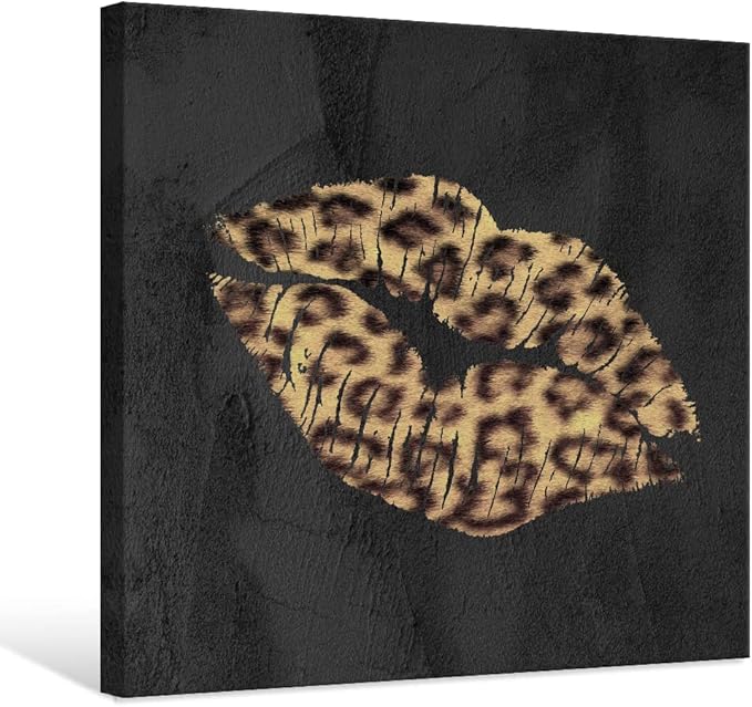 Fashion Lip Canvas Wall Art Sexy Leopard Lip Wall Decor Cheetah Print Room Decor Framed Picture Artwork for Bedroom Bathroom Dressingroom 32x32Inch