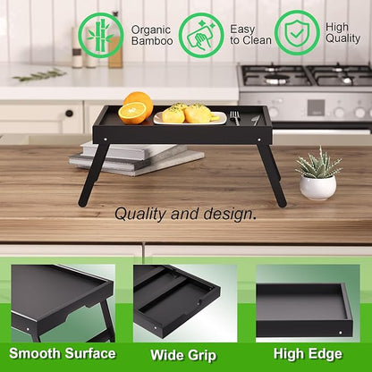 Fibogollo 4 Pack Bamboo Bed Tray Table with Folding Legs,Breakfast Trays,Serving Tray,Laptop Trays for Working,Food Snack Tray for Bed and Sofa(Black)