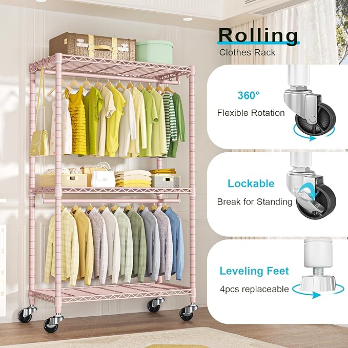 FUTASSI P3 Rolling Clothes Rack, Clothing Racks for Hanging Clothes, Heavy Duty Garment Rack with Wheels, Freestanding Portable Closet Organizer 39.4''W x 14''D x 78.5''H, Max Load 464 LBS, Pink