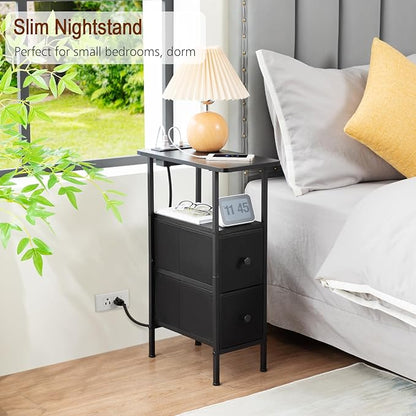 Narrow End Table Living Room with Charging Station, Skinny Side Table with Fabric Drawers, Slim Nightstand for Bedroom, Small Spaces, Couch, Black, HETNDP02BK-1