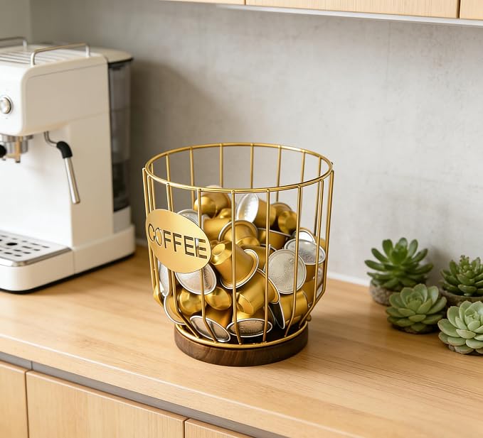Coffee Pod Holders for Counter, Nespresso Pods Holder, K-Cup Holder, Coffee Pod Basket, Countertop Organizer for Keurig Kcups & Espresso Capsules, Coffee Station Accessories(Gold Plating)