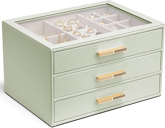 VLANDO Jewelry Box for Women, Glass Lid Jewelry Organizer with 3 Drawers for Necklaces Rings Earrings Bracelets - Sage Green