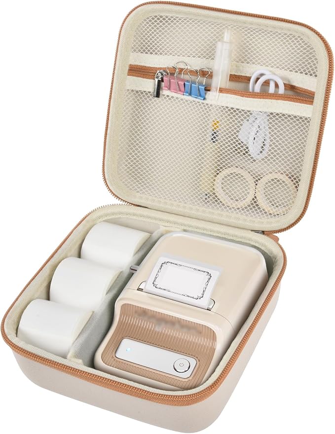 ALKOO Case Compatible with NIIMBOT B21 / Pro / B1 Label Maker Wireless Thermal Label Printer, Holder for Inkless Label Maker & Labeling Tapes Refills, with Mesh Pocket for Cable Accessories (Beige)
